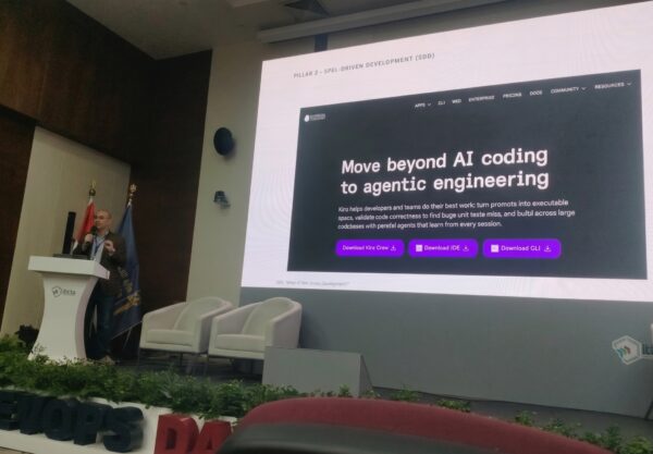 Khalid ElGazzar discussing Kiro IDE from AWS as a SDD tool within DevOpsDaysCairo-2026 conference