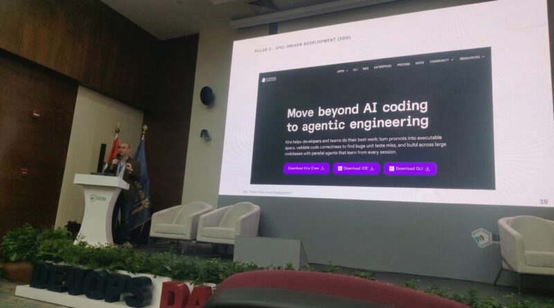 Khalid ElGazzar discussing Kiro IDE from AWS as a SDD tool within DevOpsDaysCairo-2026 conference