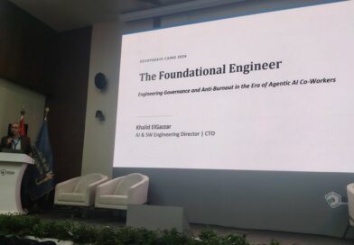 DevOpsDays Cairo 2026: speaker at the podium and the slide The Foundational Engineer, engineering governance and anti-burnout in the era of agentic AI co-workers