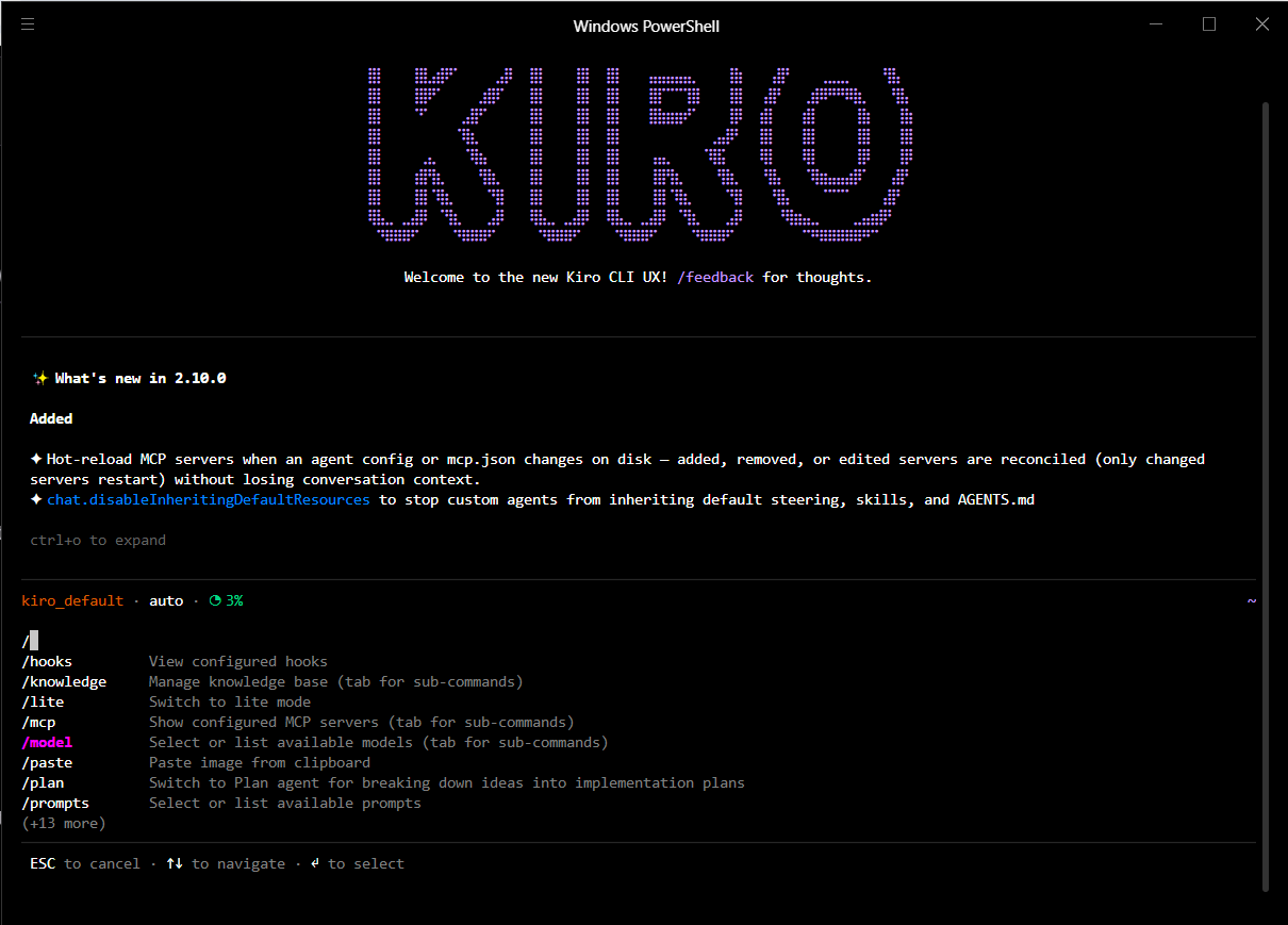 Kiro CLI in the terminal showing slash commands such as /plan, /model and /mcp