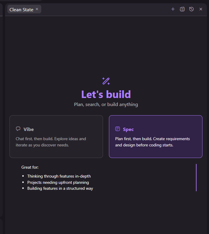 Kiro IDE start screen with Vibe and Spec modes, Spec mode selected